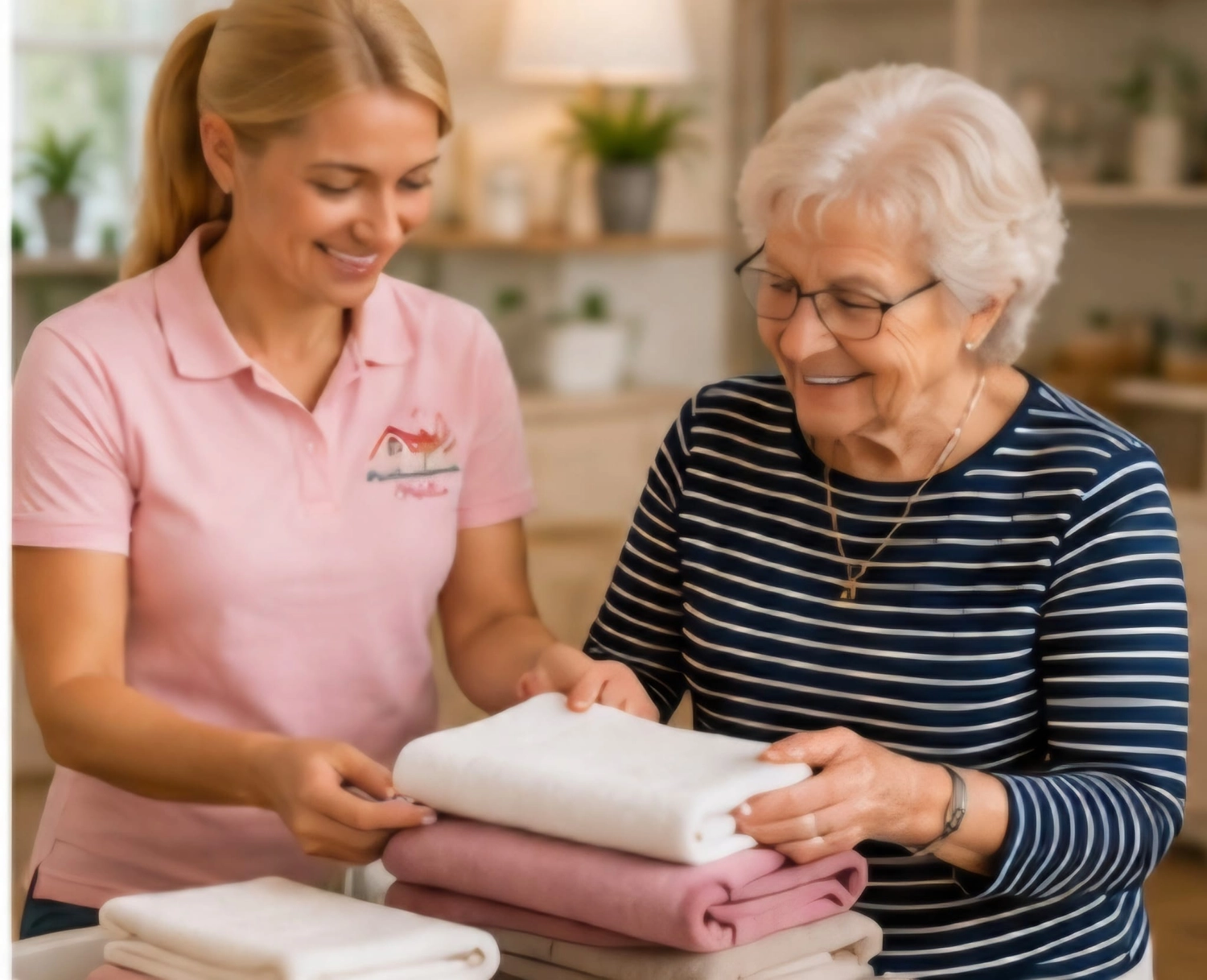 Alltagsbegleitung Madline – Seniorenbetreuung – Dieses Bild zeigt eine ambulante Pflegekraft, die einem Senior bei der Zubereitung von Mahlzeiten hilft. Die Pflegekraft trägt ein rosa Poloshirt mit einem stilisierten Hauslogo, der ältere Herr einen dunkelgrauen Pullover über einem hellblauen Hemd. Beide lächeln, während sie frisches Gemüse in einer Pfanne zubereiten.